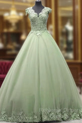 Lace V-Neck Cap Sleeve Tulle Ball Gown